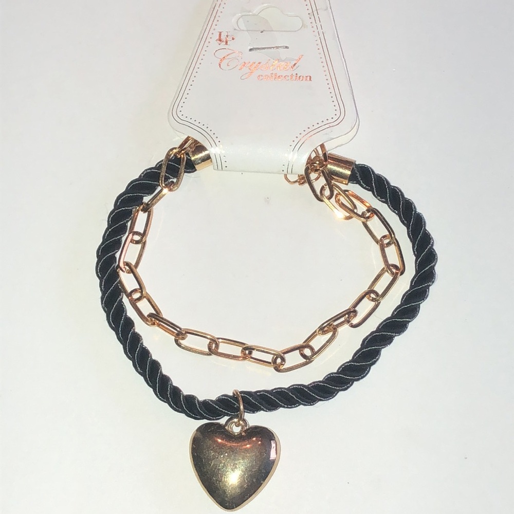 Gold Tone Heart Pendant Fabric Chain Boho Bracelet